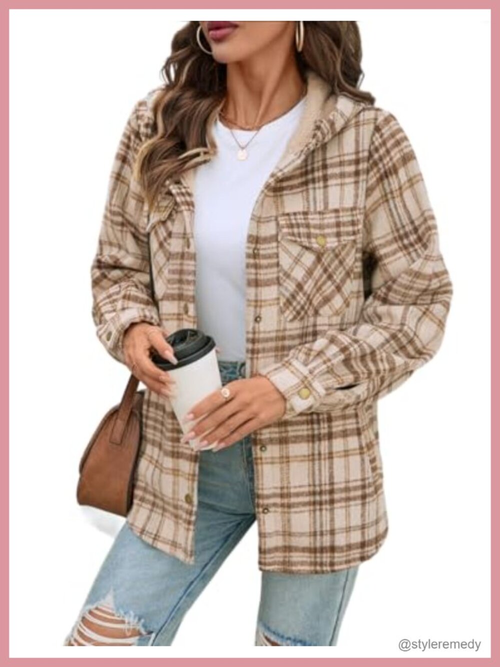 Sherpa Lined Plaid Flannel Hooded Shacket Button Up Coat Pockets